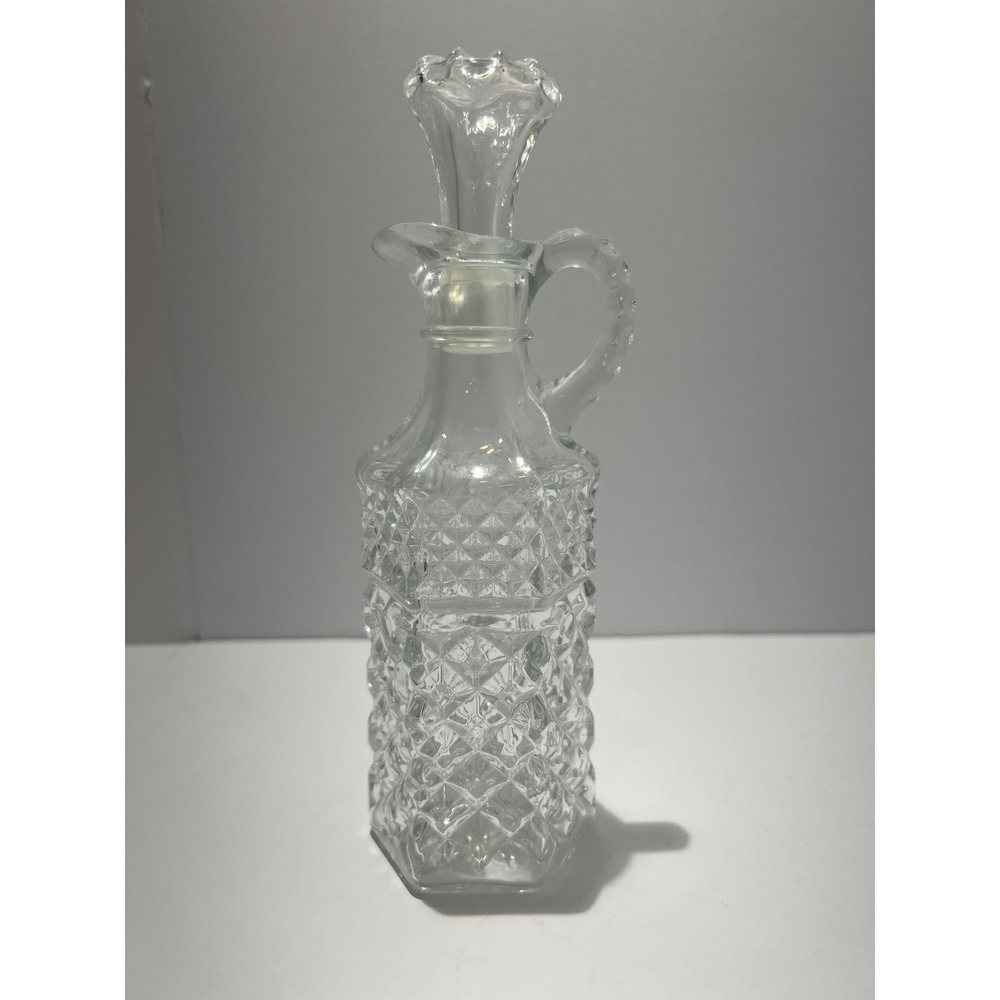Vintage Clear Pressed Glass Cruet Bottle with Stopper and Handle Diamond Pattern